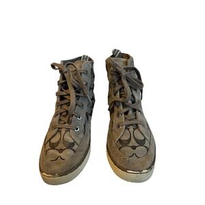 Coach Women's Hightop Sneakers Size Ten Beige/tan Logo Print Lace Up Almond Toe